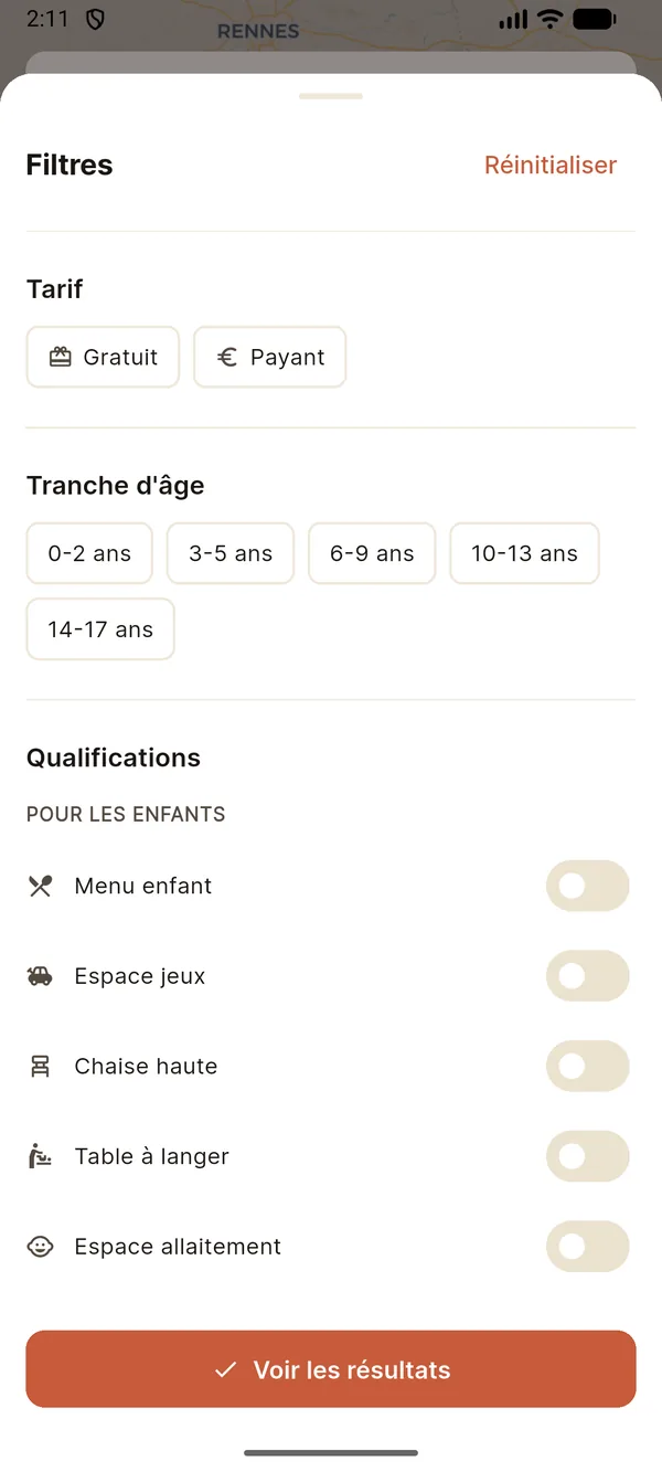 Filtres famille (tarif, tranche d'âge, qualifications) dans l'application Bouge ta famille