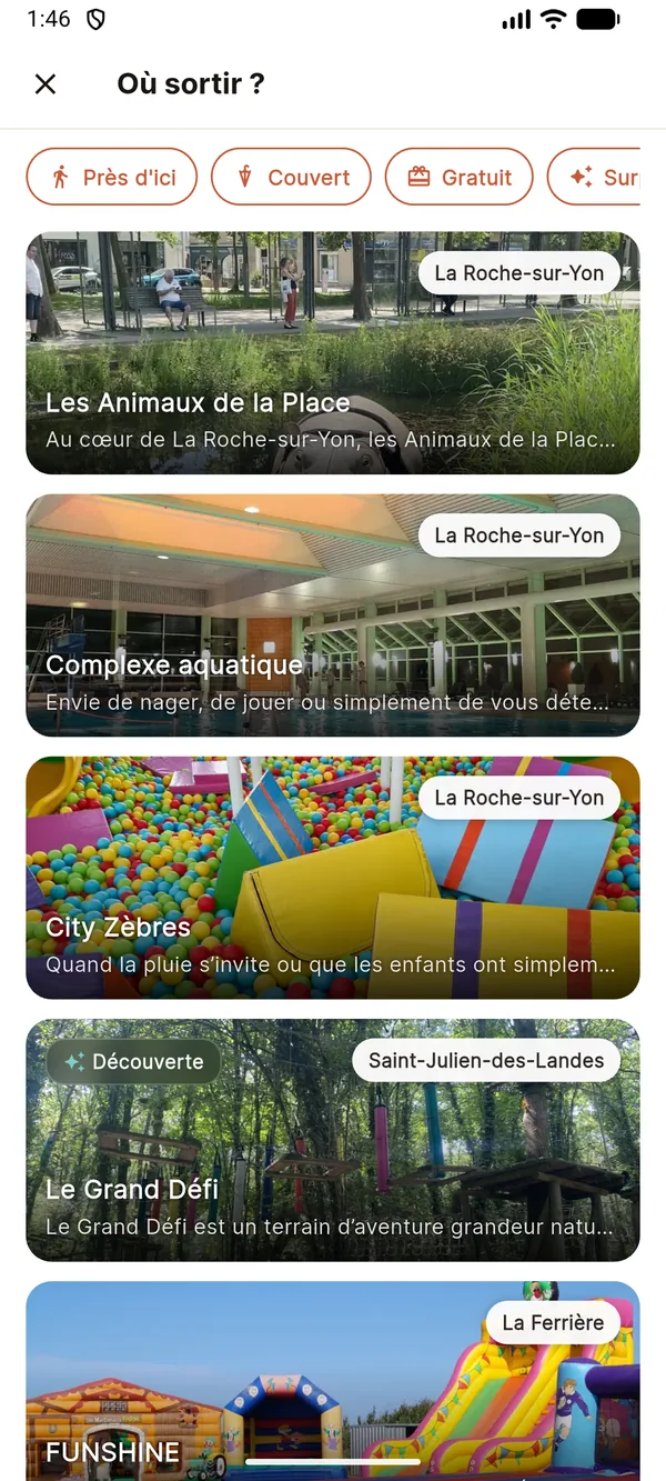 Suggestions du bouton « Où sortir ? » dans l'application Bouge ta famille